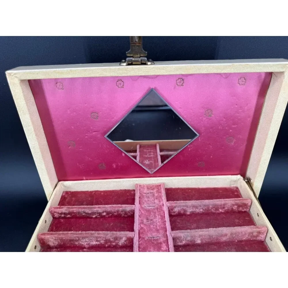 Vintage 1950s Bond St Jewel Case Jewelry Box Pink Velvet Mirror Key MCM
